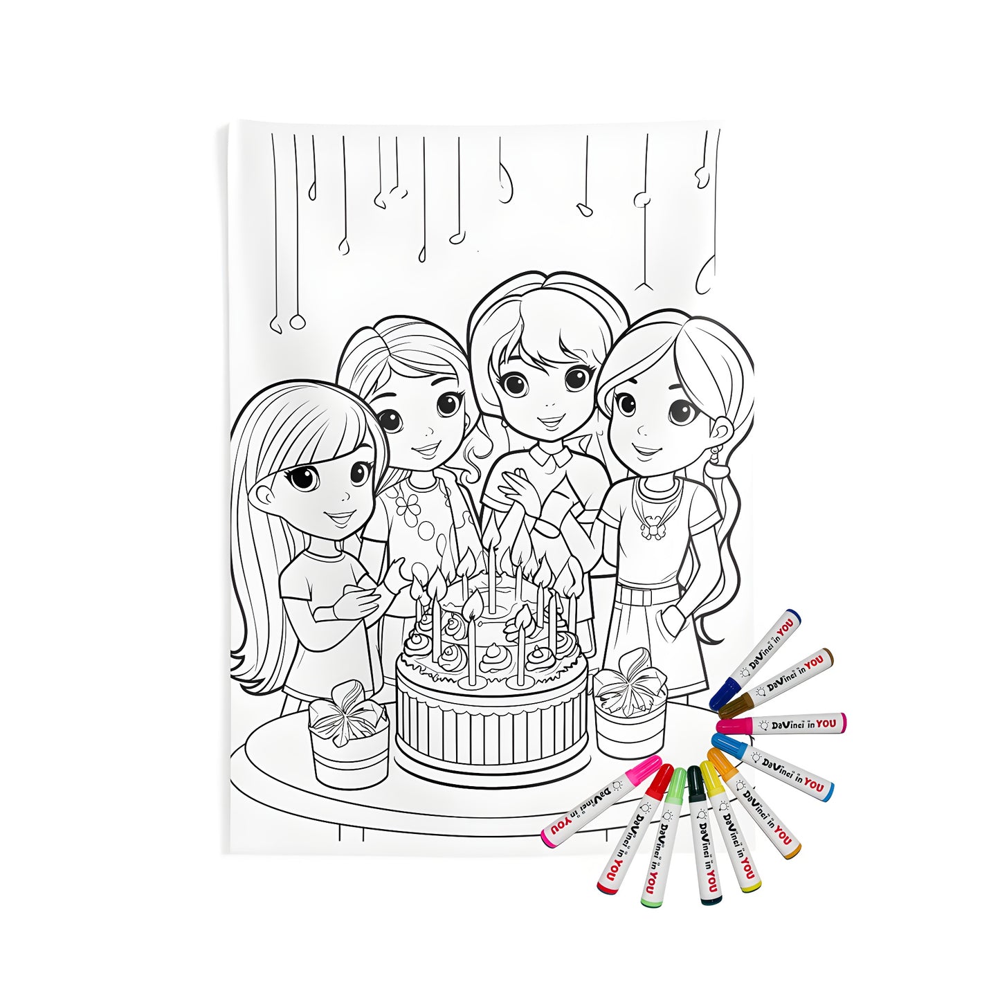 Birthday party themed indoor wall tapestry with children coloring page design and gift boxes