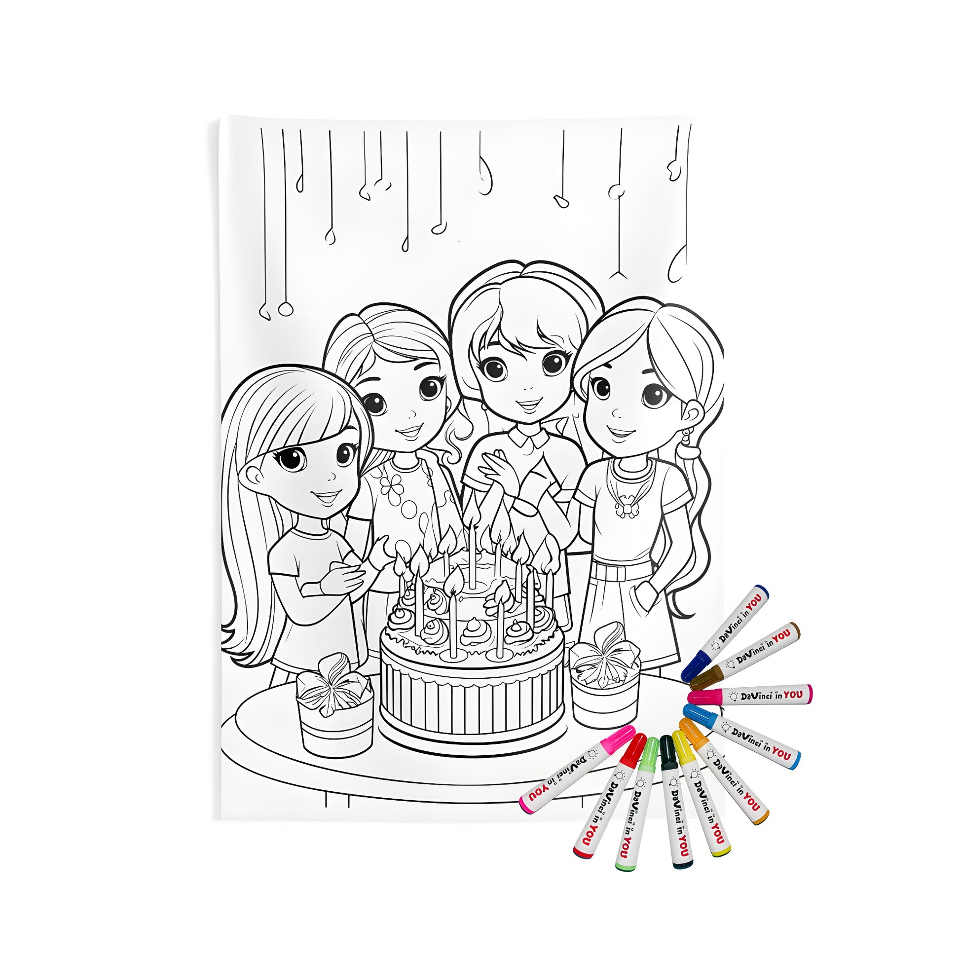 Birthday party themed indoor wall tapestry with children coloring page design and gift boxes