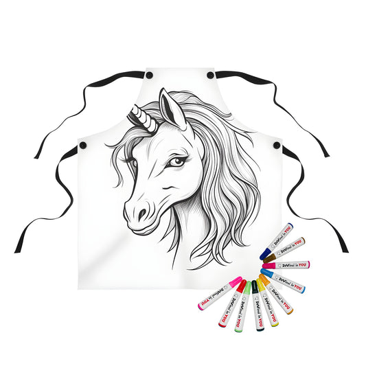 Apron with detailed line art portrait of a horse-like mythical creature, showcasing a flowing mane and spiral horn, in black and white