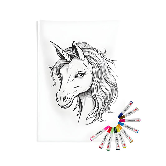 Indoor wall tapestries featuring detailed line art portrait of horse-like mythical creature, fabric coloring kit with markers