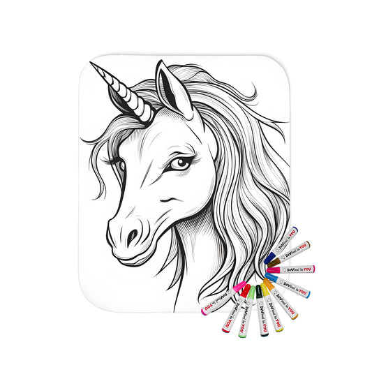 Coloring page inspired blanket with detailed line art unicorn portrait, featuring flowing mane and spiral horn