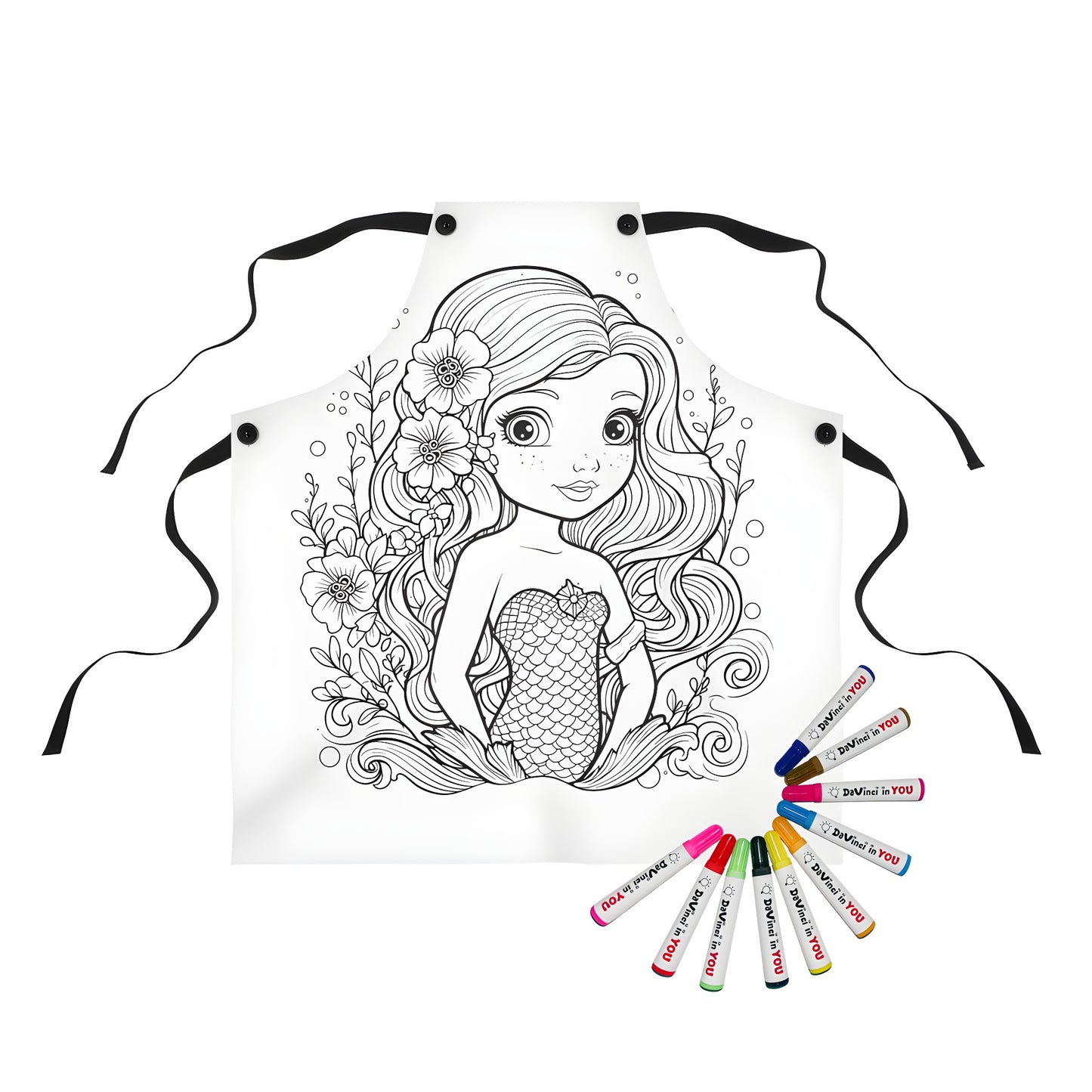 Apron featuring a charming, whimsical mermaid illustration with flowing locks and floral accents