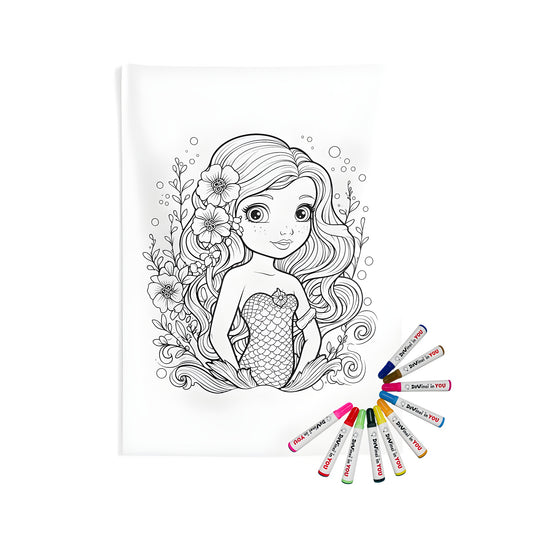 A detailed black and white illustration of a cute mermaid with long hair and flowers printed on an indoor wall tapestry. Perfect for bedrooms, dorm rooms, or offices.