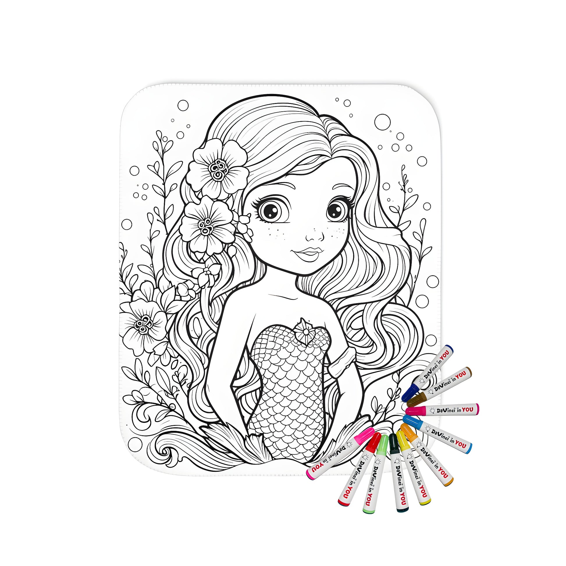 Cozy blanket with mermaid tail design, featuring a cute, whimsical illustration of a mermaids face and long hair