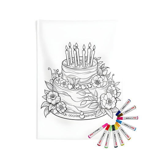 Detailed illustration of a two-tier birthday cake with lit candles and decorated with flowers and leaves, printed on an indoor wall tapestry. Perfect for decorating bedrooms or nurseries.