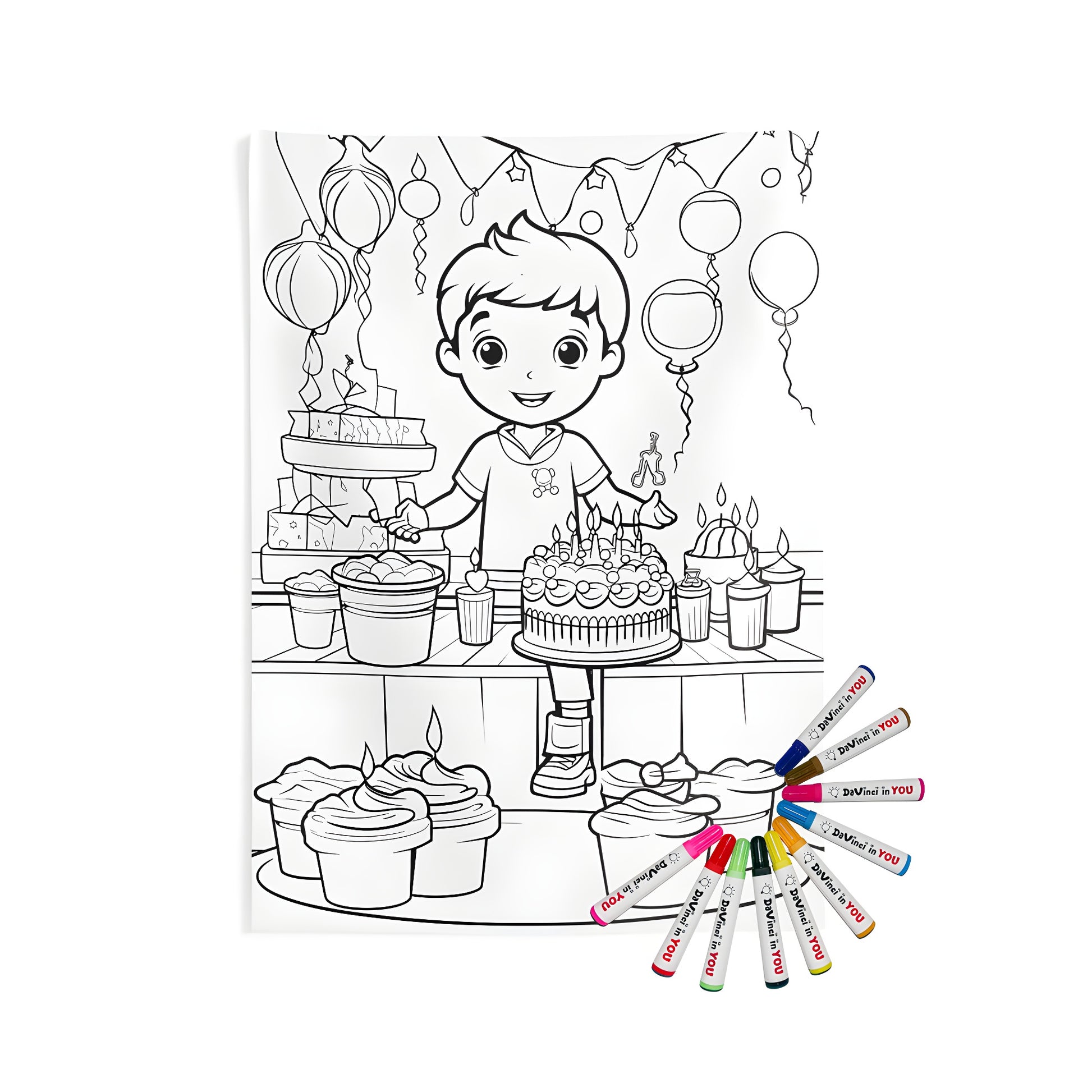 Indoor wall tapestry birthday party scene with colorful balloons, cakes, candles, presents and cupcakes