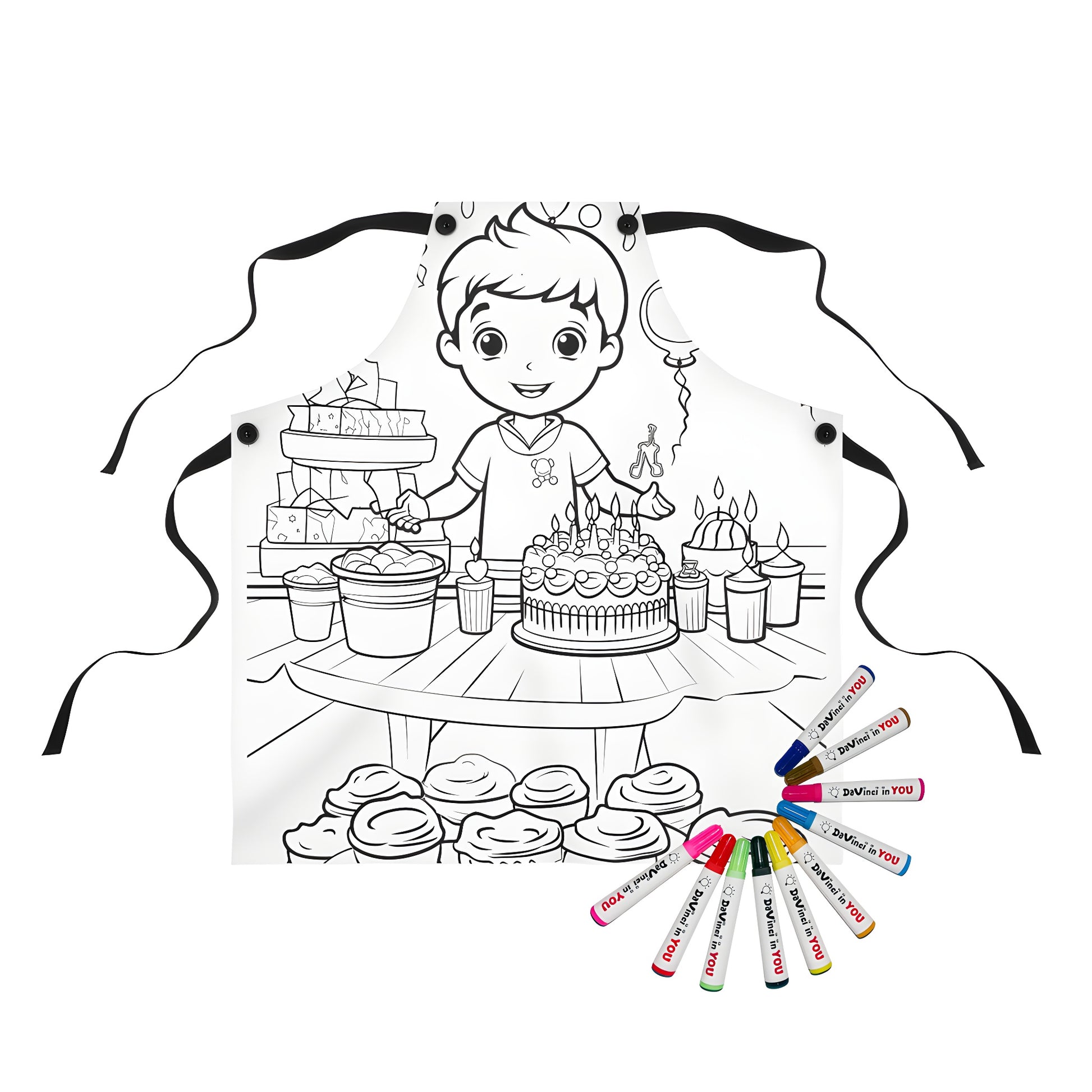 Apron featuring a boy at his birthday party design with colorful cake, balloons, and decorations