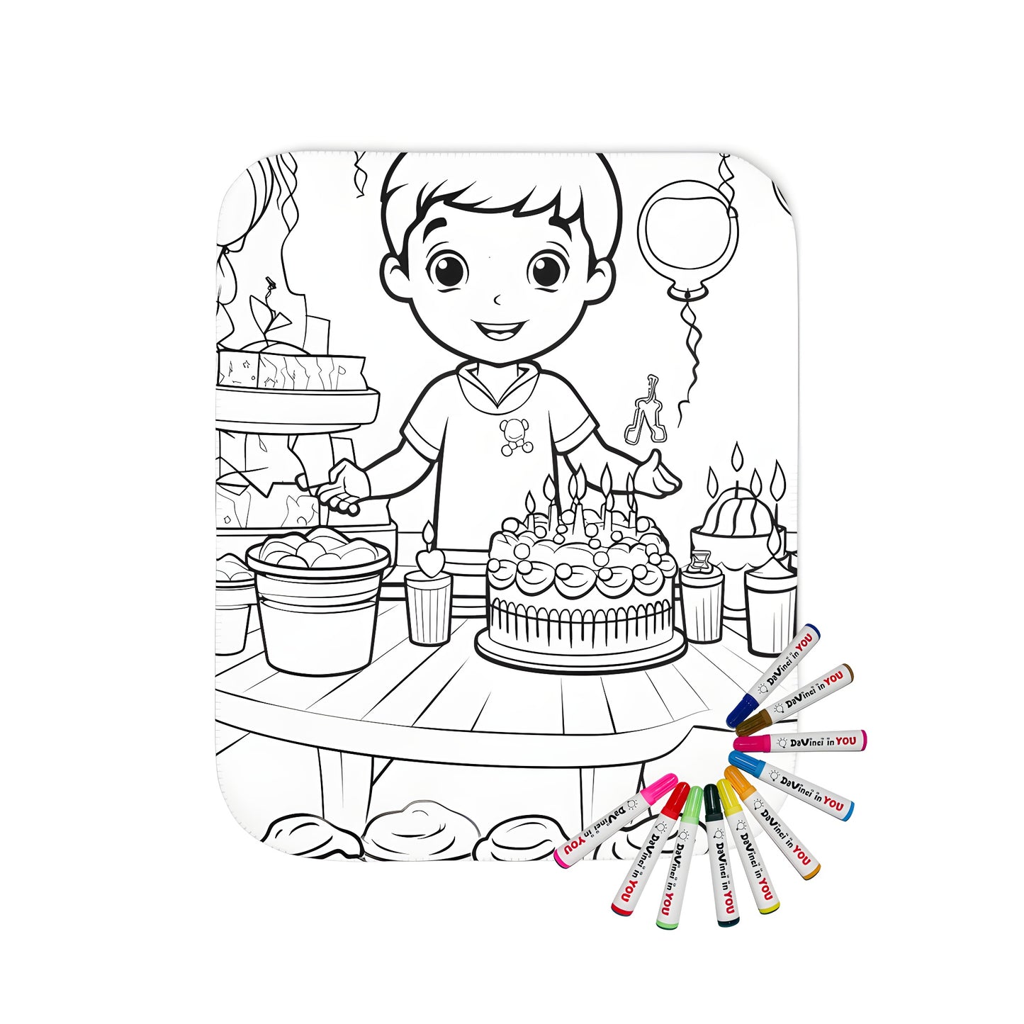 Birthday celebration blanket with colorful design featuring boy at party with cake, candles, gifts, balloons, cupcakes and banners.