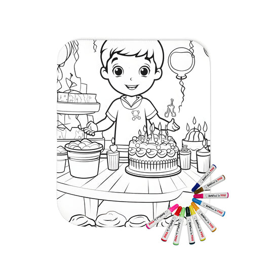 Birthday celebration blanket with colorful design featuring boy at party with cake, candles, gifts, balloons, cupcakes and banners.