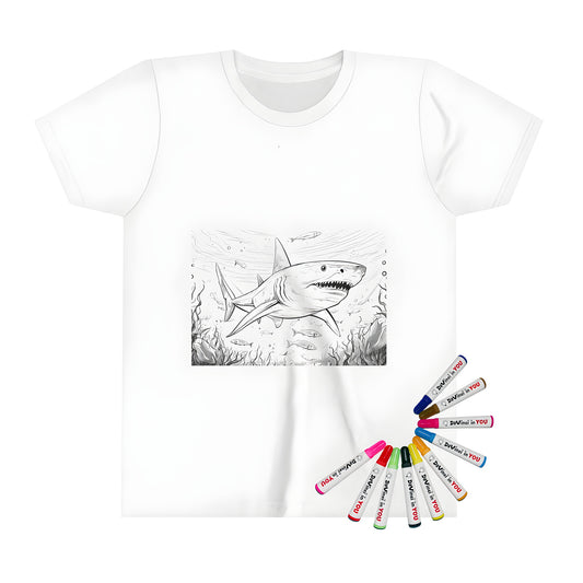 Coloring kit for kids featuring a kid's t-shirt with a shark design, great for learning colors and creativity