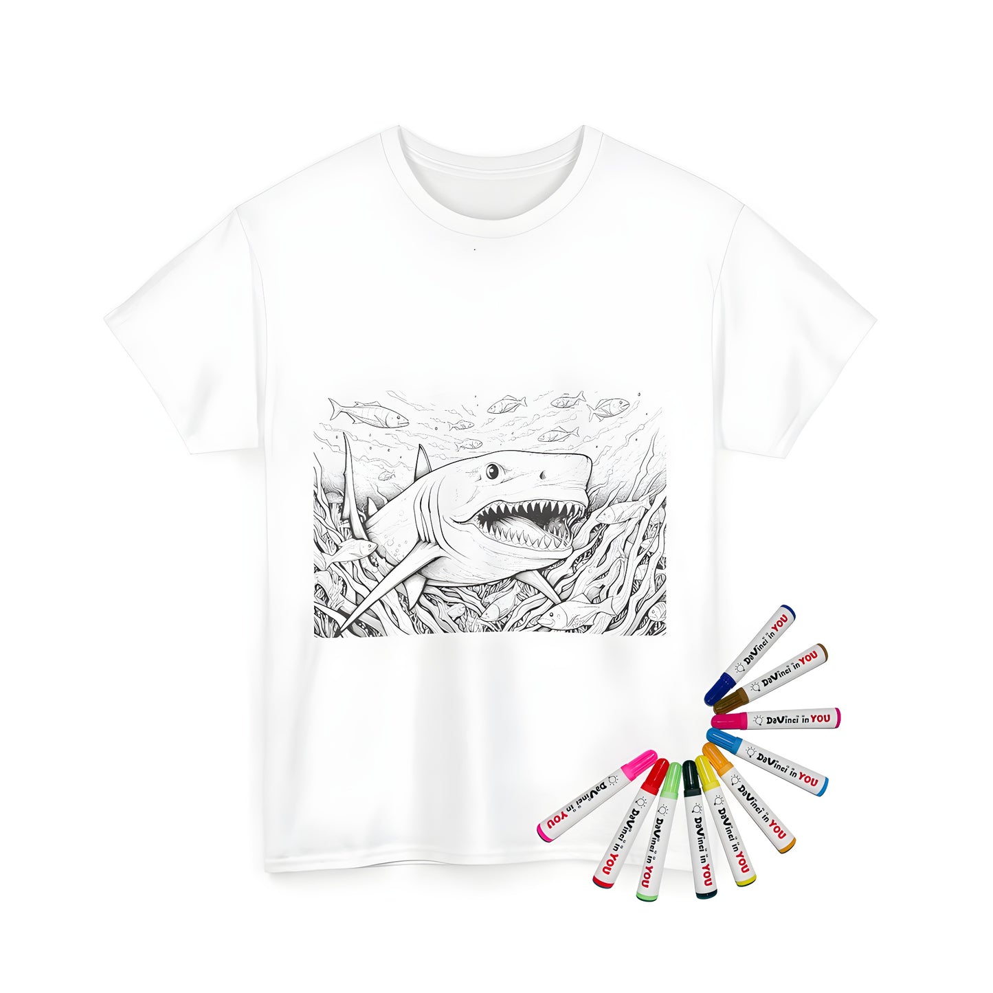 Unisex t-shirt featuring a detailed underwater scene with a large shark, fish, and seaweed print. Perfect for kids who love sharks, great whites, or toothy fin enthusiasts.