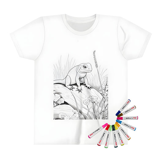 Coloring kit with lizard illustration on kid's t-shirt