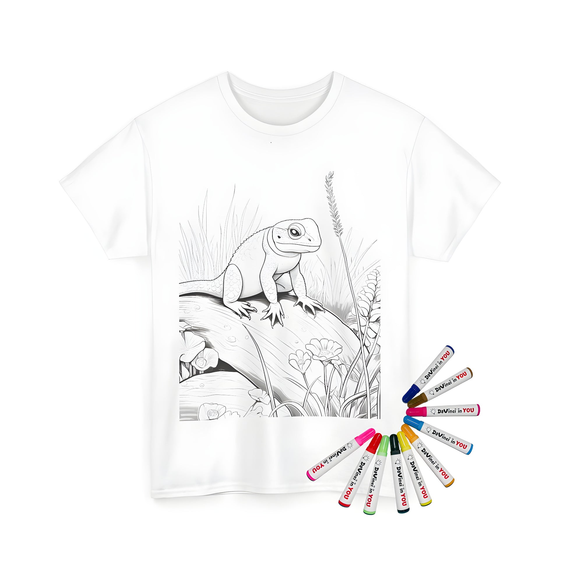 A Unisex T-shirt featuring a vibrant lizard illustration amidst nature's scenery