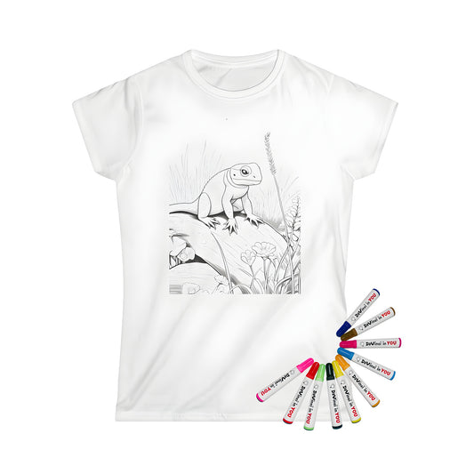 Coloring kit for women's t-shirt featuring a detailed lizard illustration in nature setting