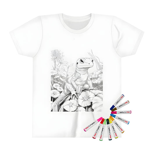 Kid's T-shirt featuring an A lizard design inspired by a detailed black and white sketch of a reptile perched among flowers and leaves in a natural setting.