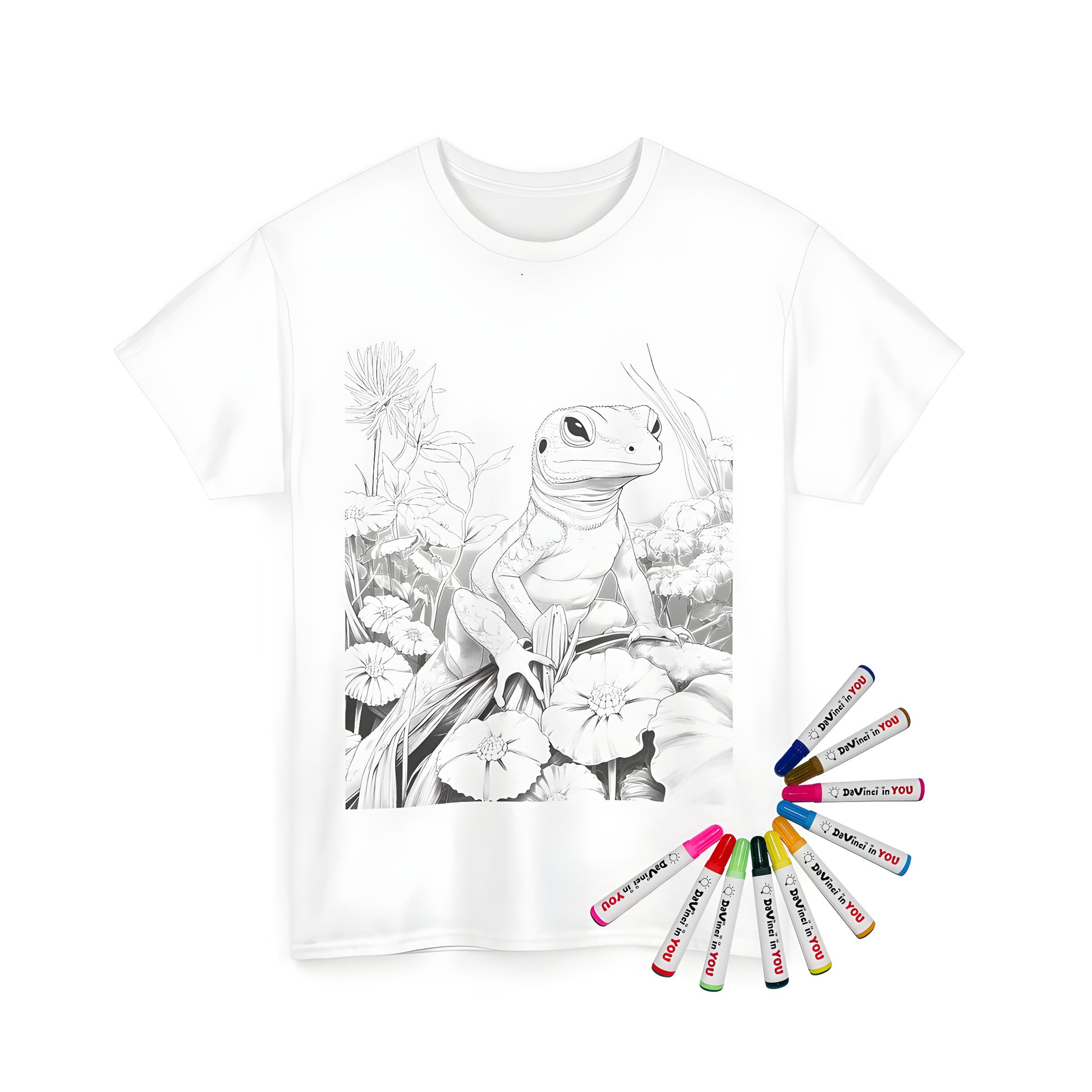 Colorful lizard perched on unisex tee among flowers and leaves