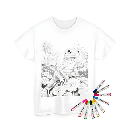 Colorful lizard perched on unisex tee among flowers and leaves