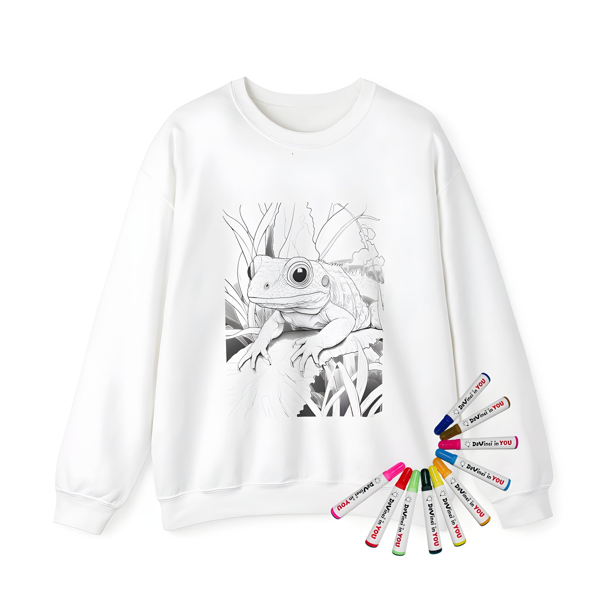 Coloring sweatshirt for adults featuring a detailed frog illustration on a leafy background