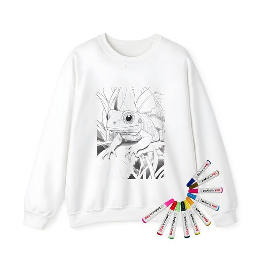 Coloring sweatshirt for adults featuring a detailed frog illustration on a leafy background