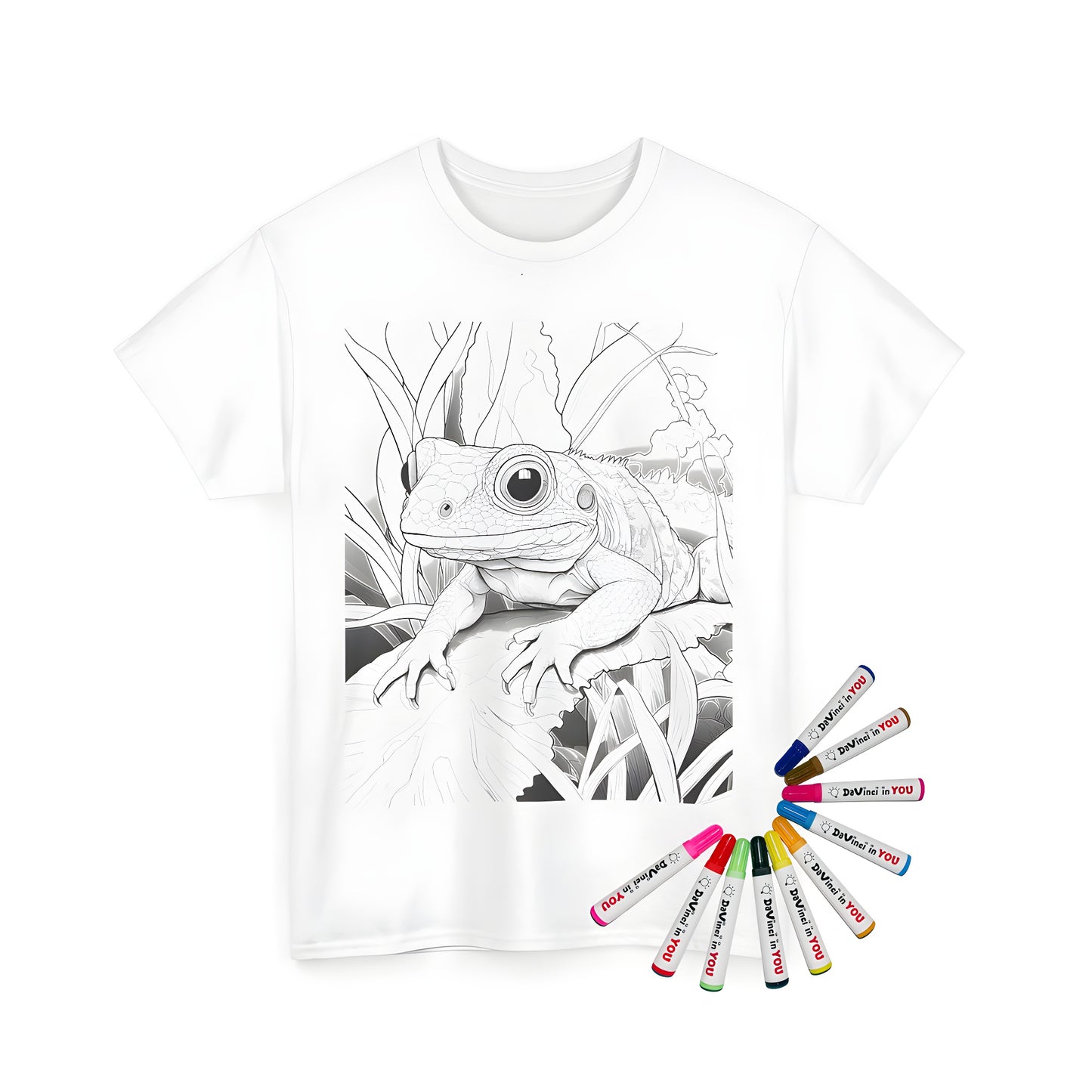 Coloring kit for kids and adults featuring a frog illustration on a unisex t-shirt