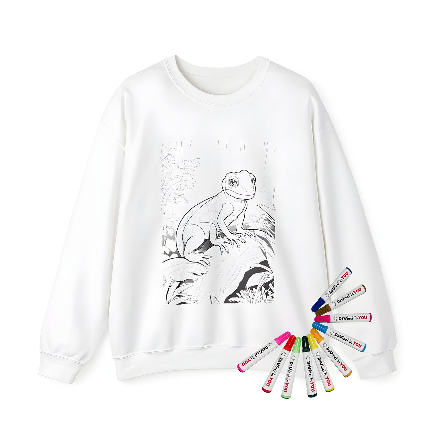 Adult sweatshirt featuring a detailed lizard design on a log surrounded by jungle foliage waiting to be colored, perfect for adult coloring enthusiasts