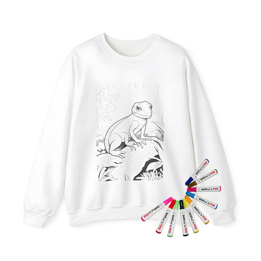 Adult sweatshirt featuring a detailed lizard design on a log surrounded by jungle foliage waiting to be colored, perfect for adult coloring enthusiasts