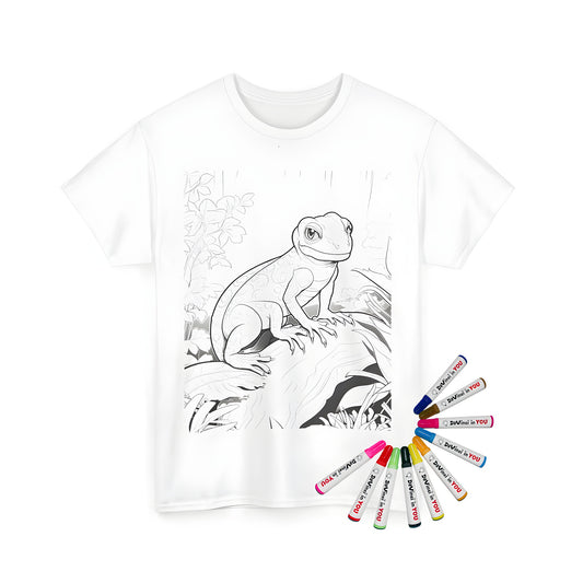 Coloring page lizard shirt with fabric markers on a unisex tee