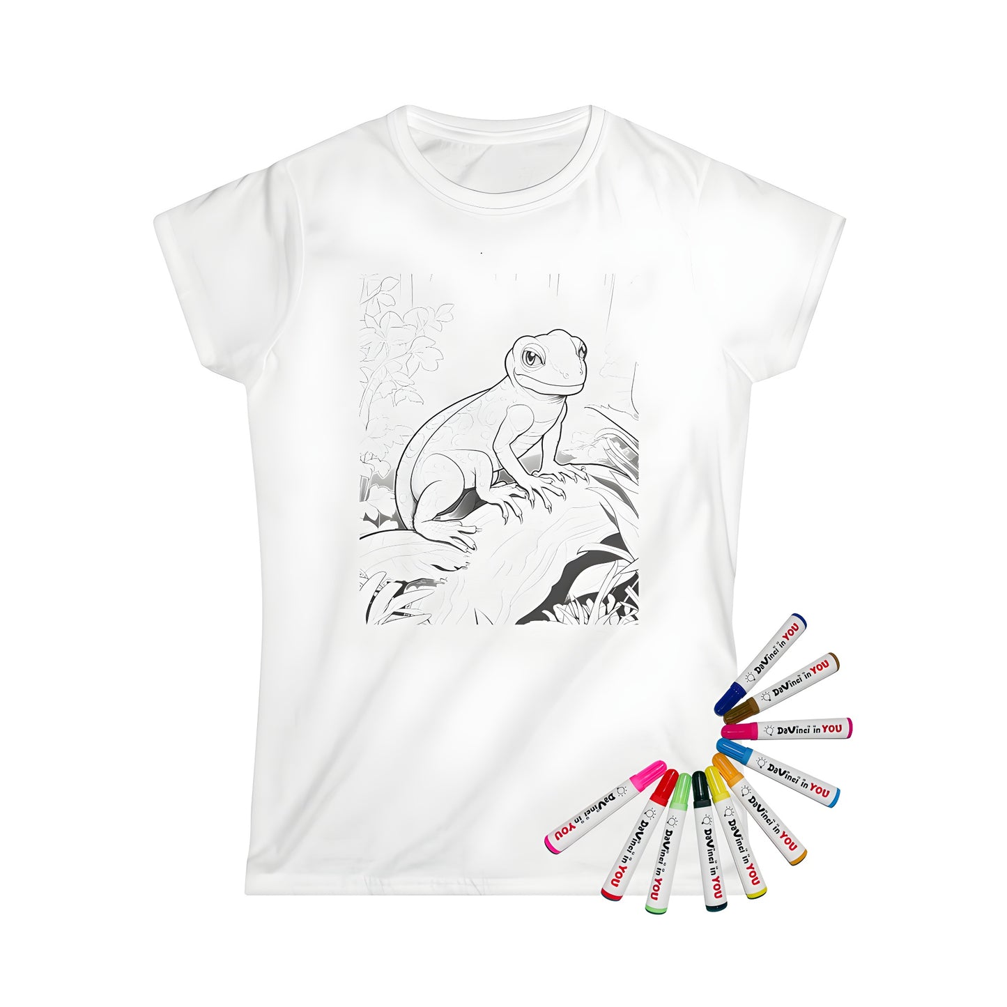 A vibrant woman's t-shirt featuring an illustration of a lizard, monkey or reptile perched on a tree log in a jungle scene, ready for coloring with 10 fabric markers.