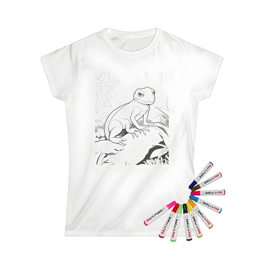 A vibrant woman's t-shirt featuring an illustration of a lizard, monkey or reptile perched on a tree log in a jungle scene, ready for coloring with 10 fabric markers.