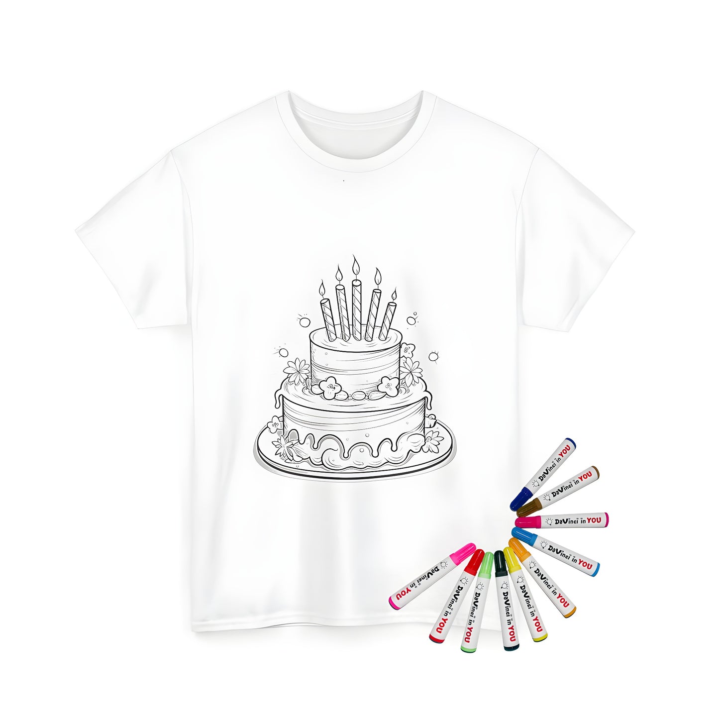 Coloring kit on unisex t-shirt featuring an illustration of birthday cake, candles, and flowers