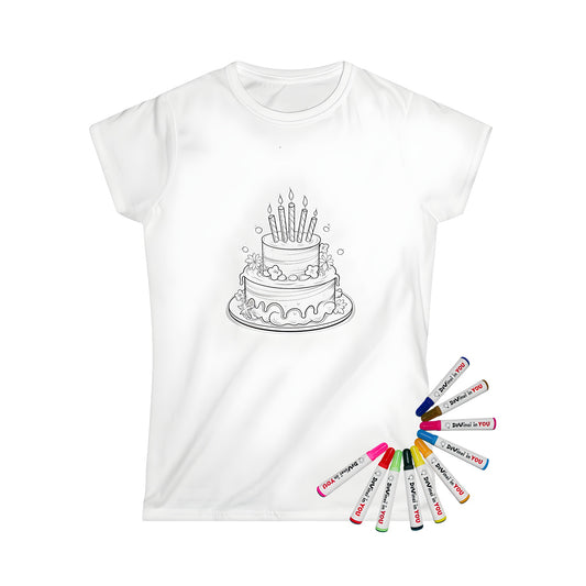 Birthday Party Decorations Women's T-Shirt featuring A colorful illustration of a two-tier cake with candles and flowers on a casual women's tee