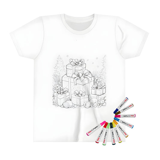 Stack of Christmas gifts, kid's tee, holiday coloring page design, ornaments, trees, stars, festive, merry, present ideas, stocking stuffers, fun for kids