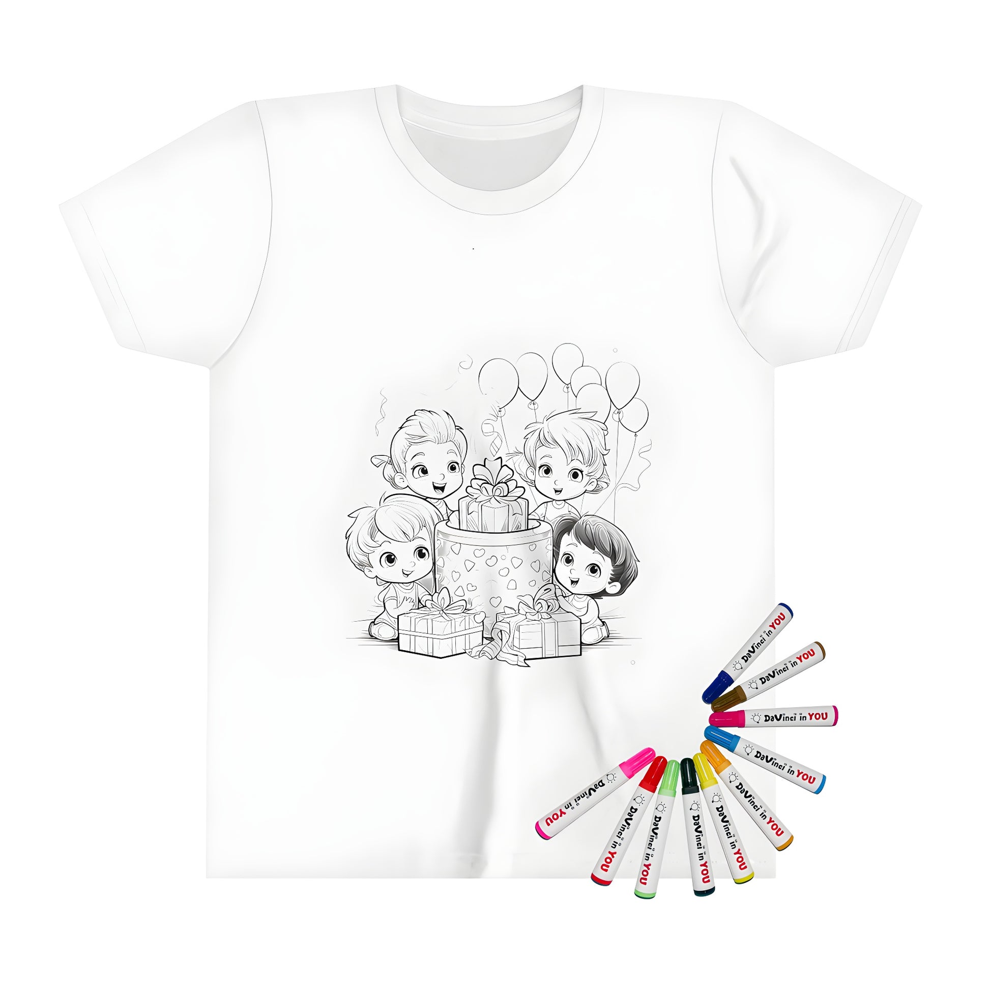 Four kids celebrating birthday with colorful cake, gifts, and balloons on a kid's t-shirt