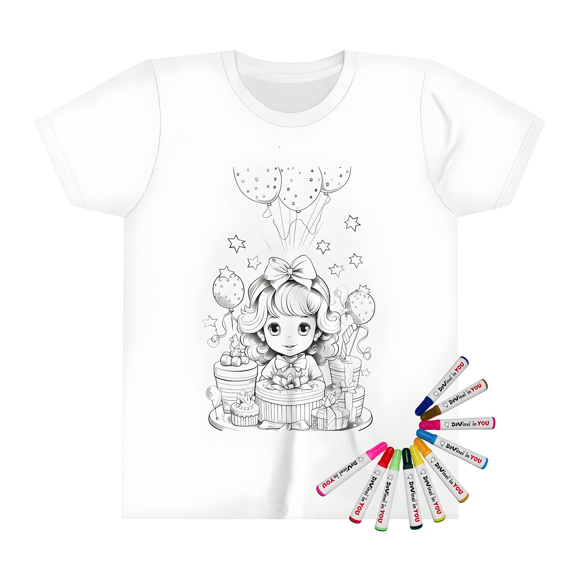 Girl's birthday party coloring page kids t-shirt with fabric markers