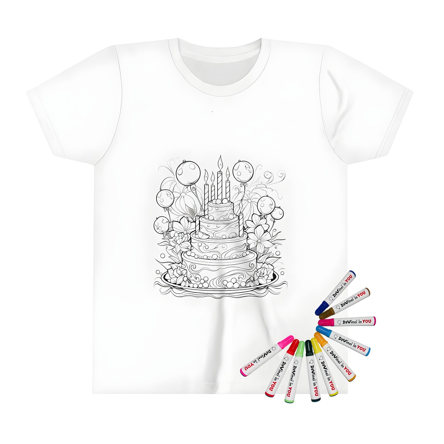 Kid's birthday party themed t-shirt with a colorful cake illustration