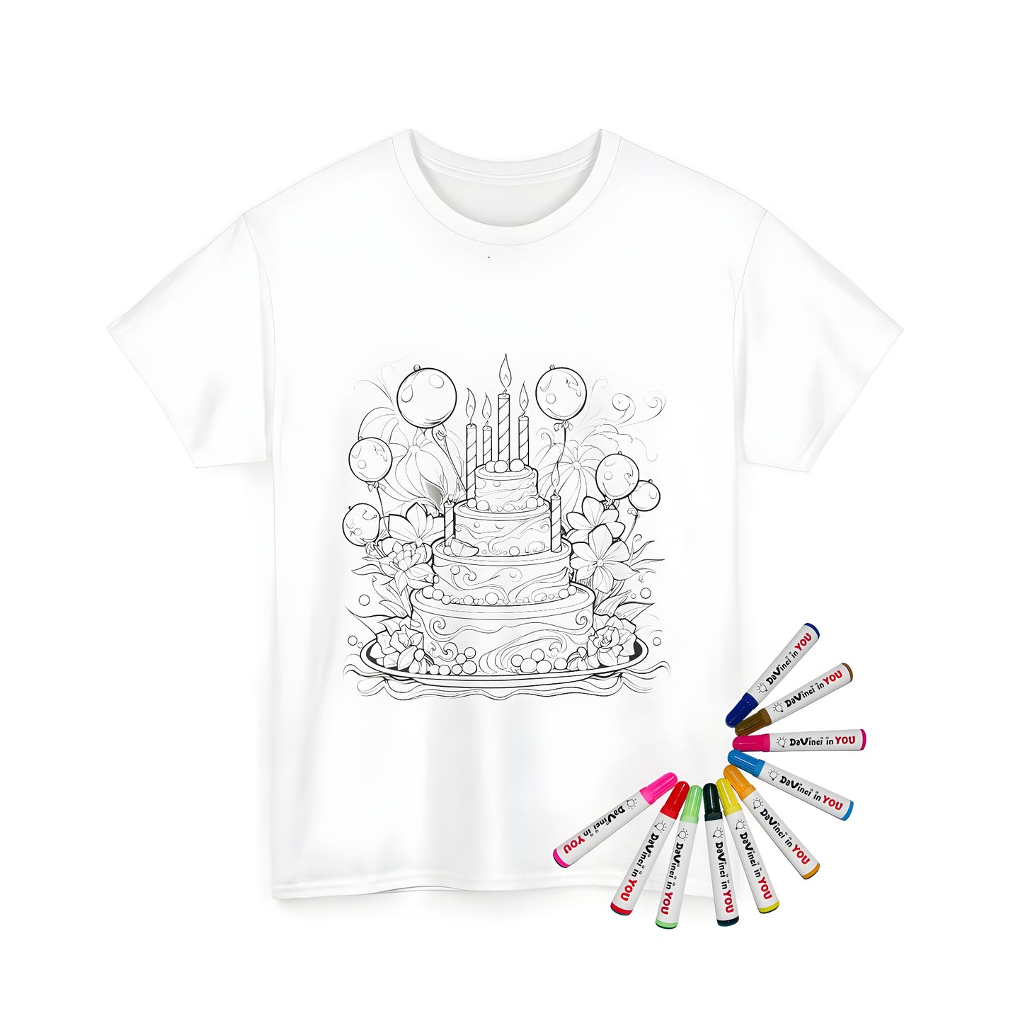 Birthday party themed coloring page on Unisex T-shirt, featuring a colorful multi-tier cake with candles, balloons, and flowers, with vibrant markers