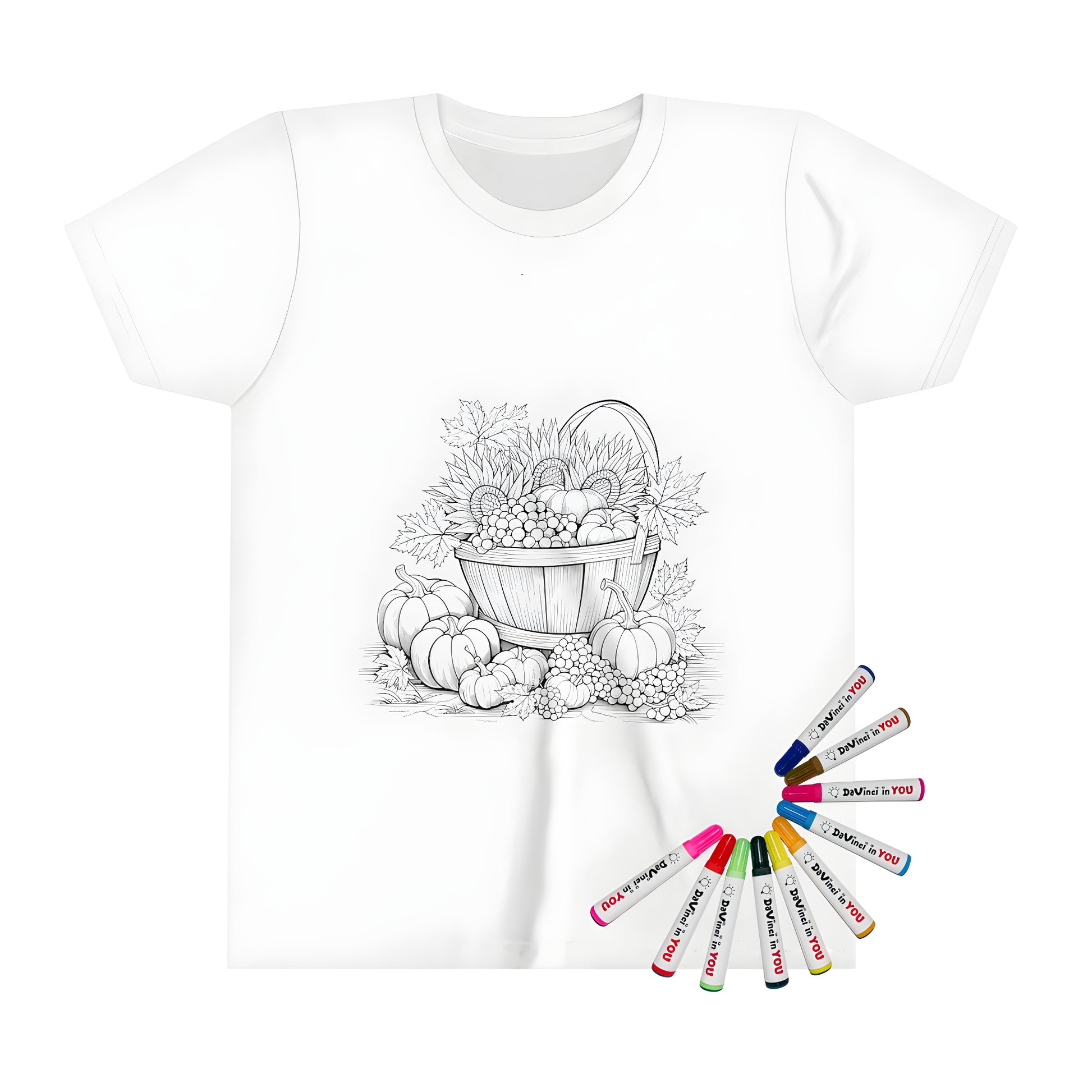 Kid's T-shirt featuring colorful harvest scene with pumpkins, grapes, and sunflowers, autumn leaves and produce basket design