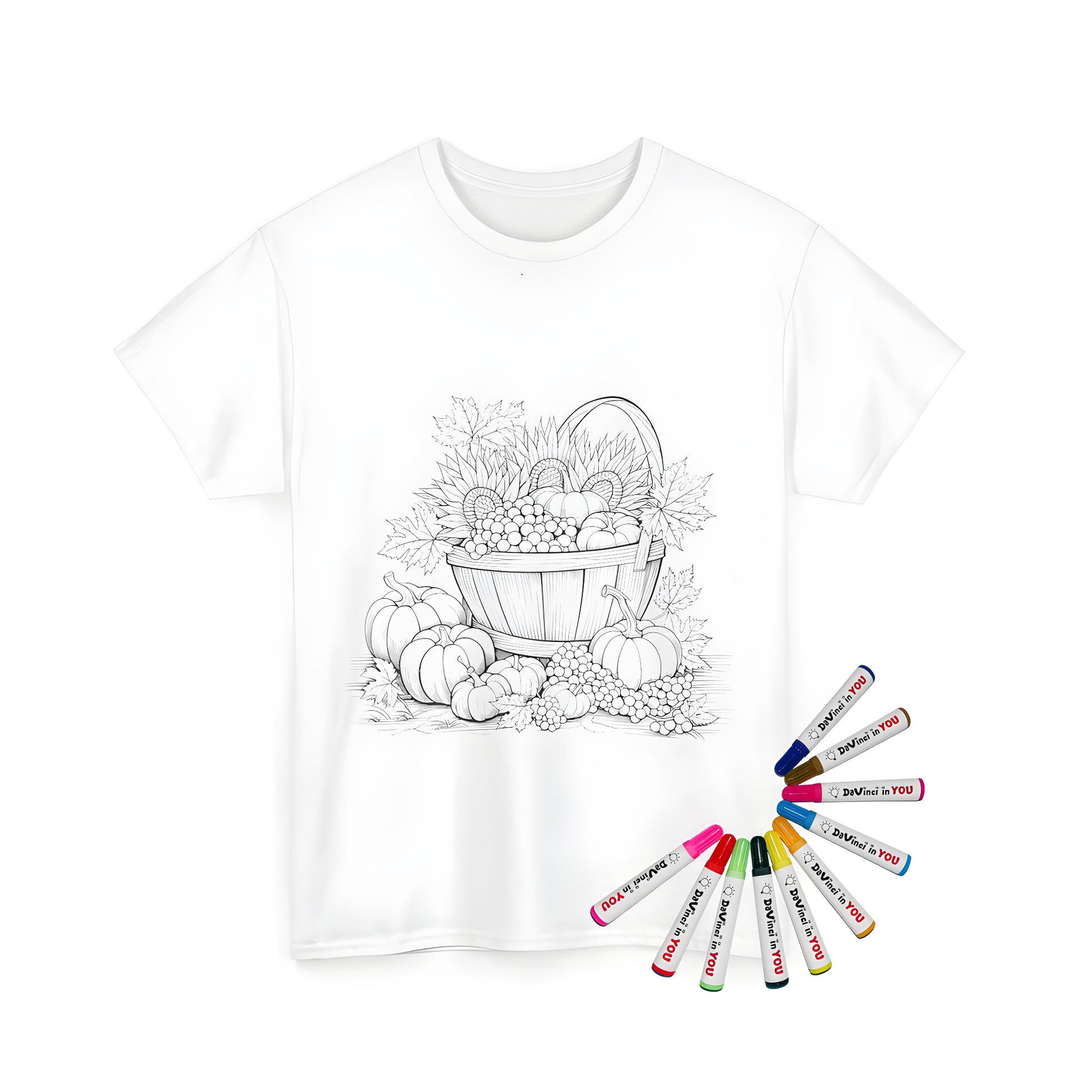 Unisex t-shirt featuring vibrant harvest basket design with pumpkins, grapes, and sunflowers amidst autumn leaves