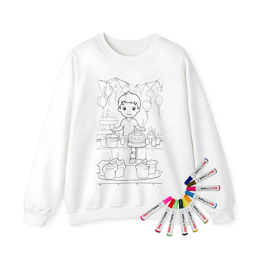 Adult sweatshirt with vibrant coloring page design of birthday boy with cake, candles, balloons, and presents on fabric markers