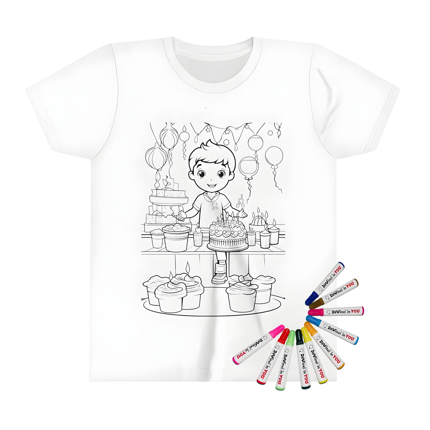 Coloring page design of birthday boy with cake and candles on a kid's t-shirt