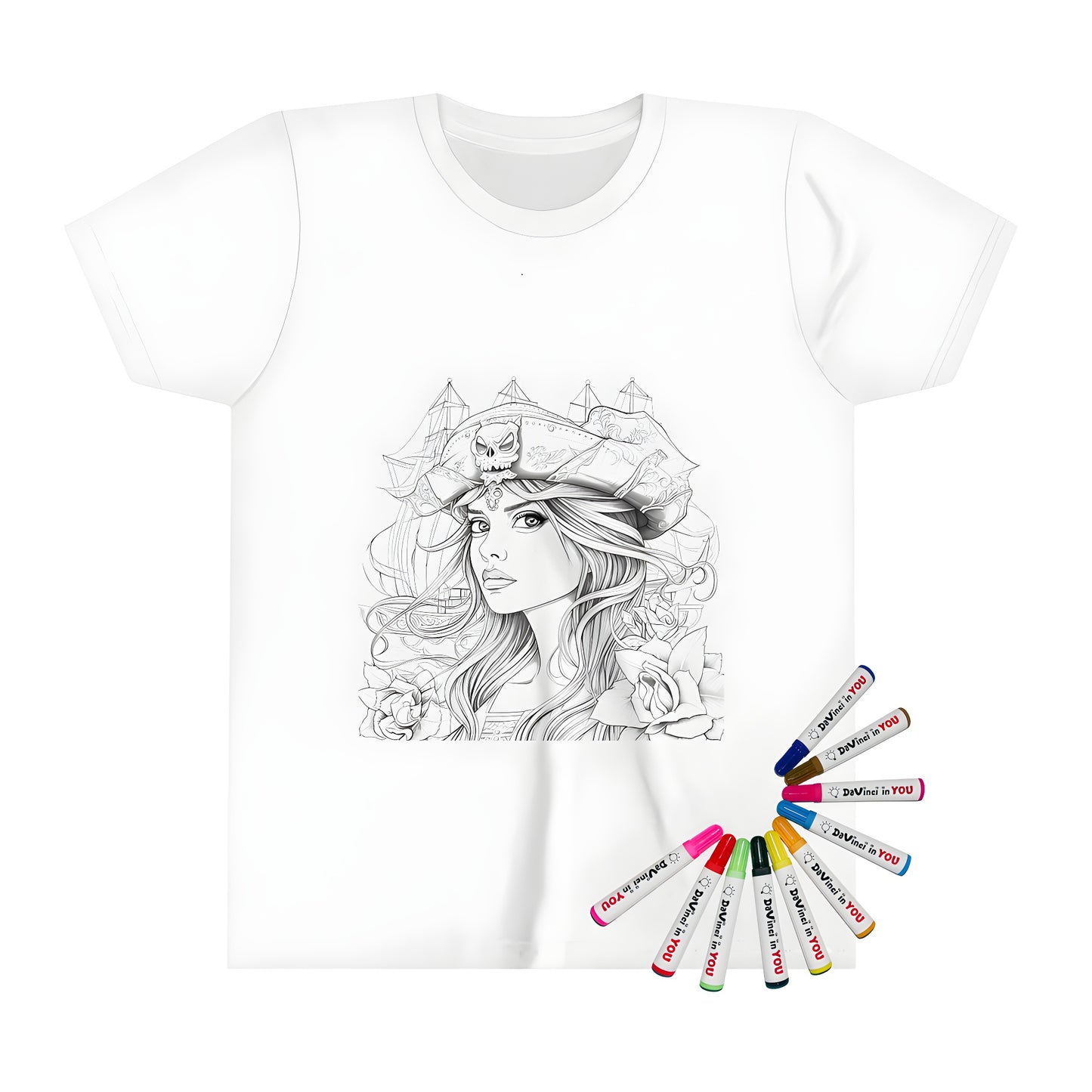 Kid's pirate girl t-shirt with colorful illustration of a female pirate with a skull hat and ship