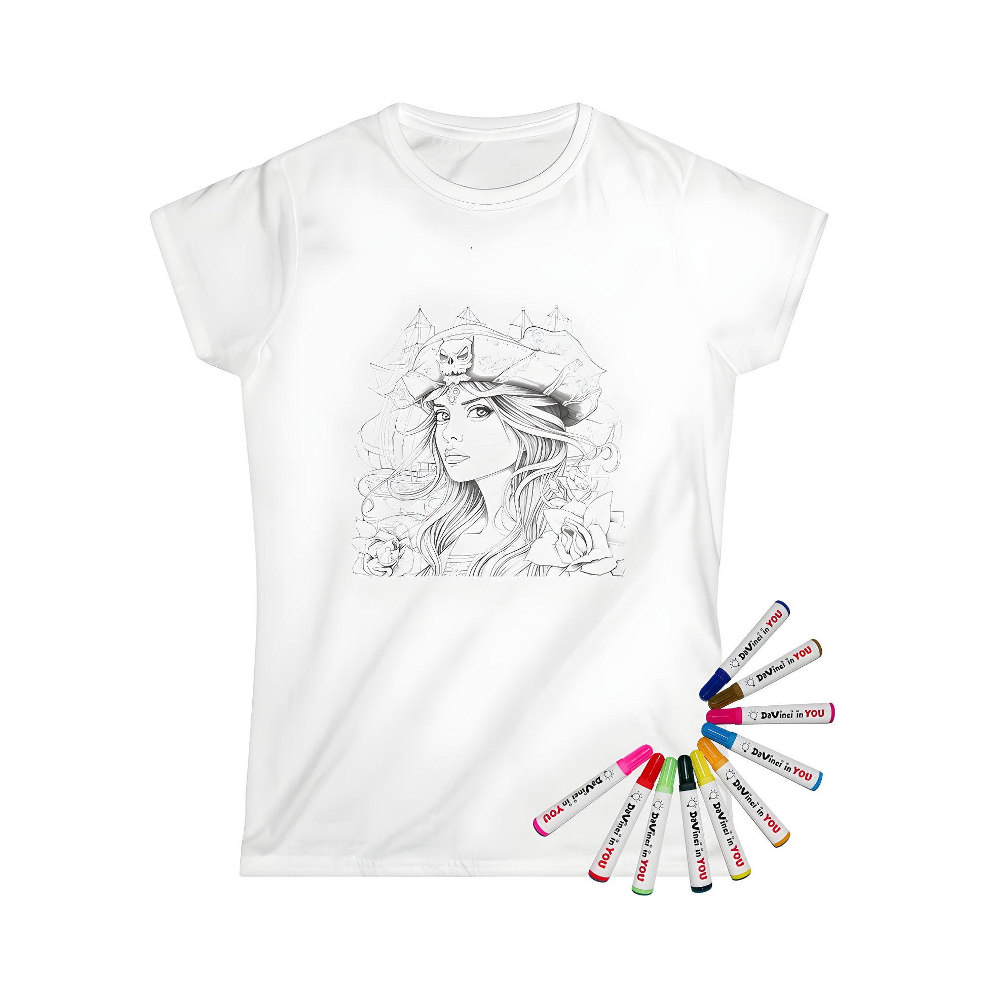 Women's t-shirt featuring a pirate woman illustration with a skull hat and ship behind her, perfect for cosplay or casual wear. Black and white coloring page design printed on high-quality fabric markers packaging box.