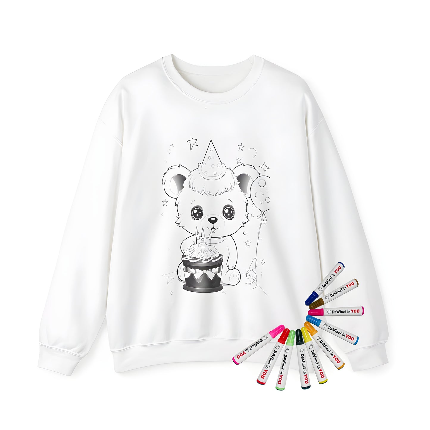 Adult sweatshirt with colorful bear and birthday cake design