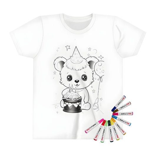 Kid's coloring t-shirt with bear birthday cake design and party balloons, perfect for kids' parties