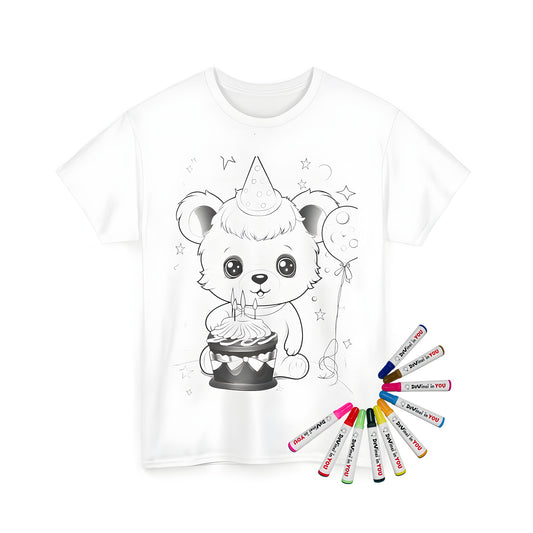 Unisex t-shirt with fun coloring page design of bear wearing party hat and holding birthday cake with candles surrounded by balloons and stars