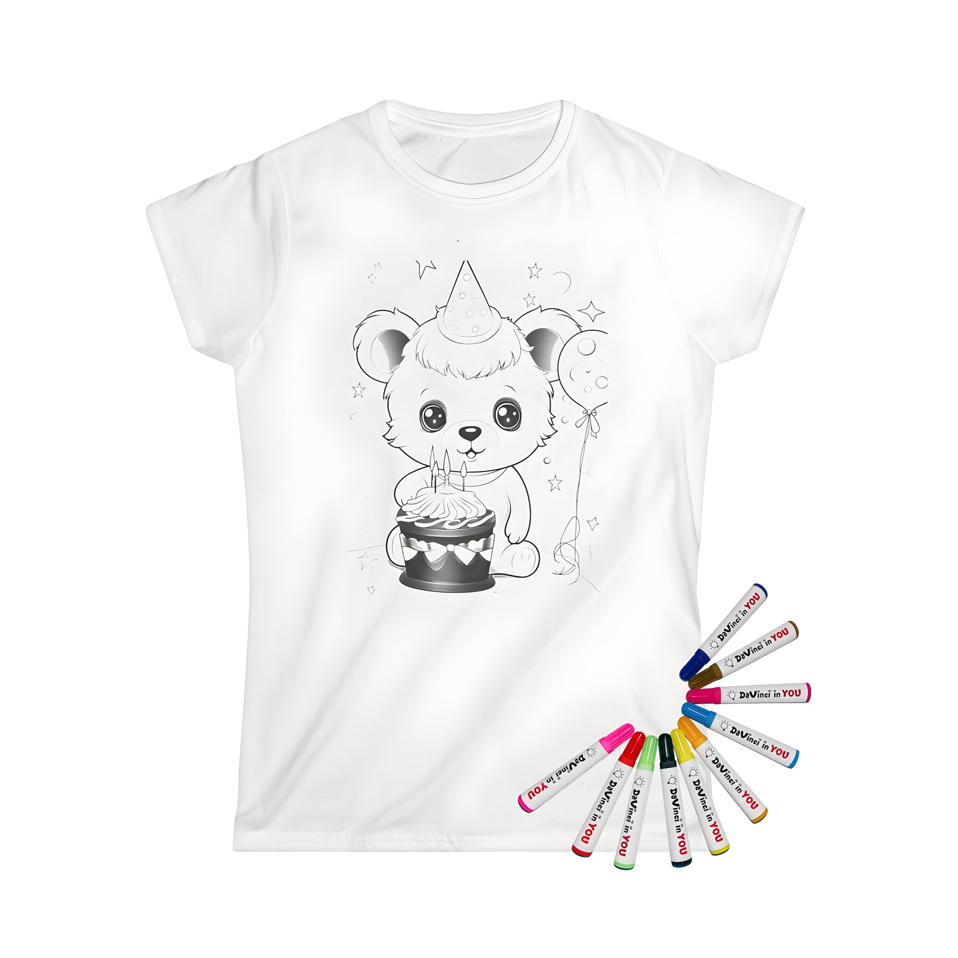 Women's t-shirt featuring colorful bear celebrating birthday with cake, balloons, and stars