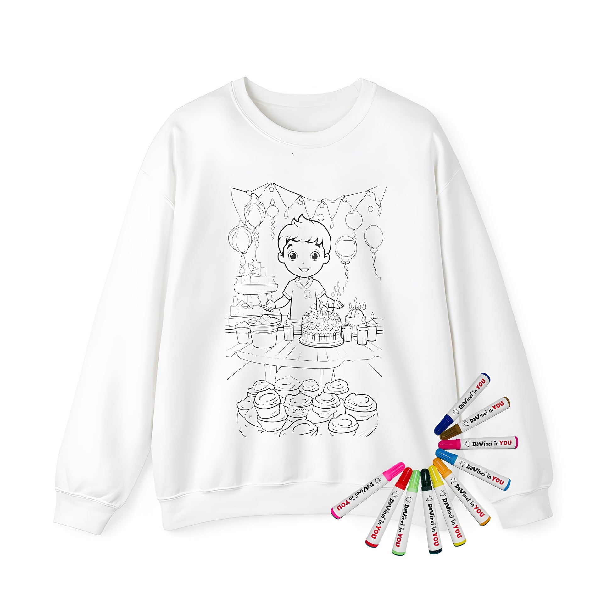 Adult sweatshirt with birthday party coloring page design featuring boy, cake, candles, presents, balloons, cupcakes, and banners