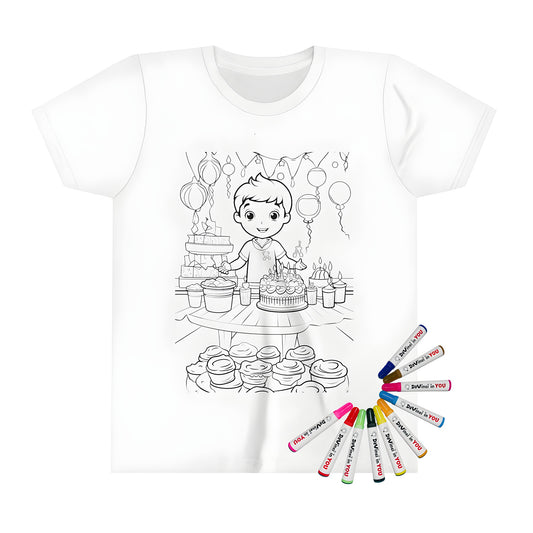 Kid's t-shirt featuring colorful birthday celebration design with boy, cake, candles, presents, balloons, cupcakes and banners