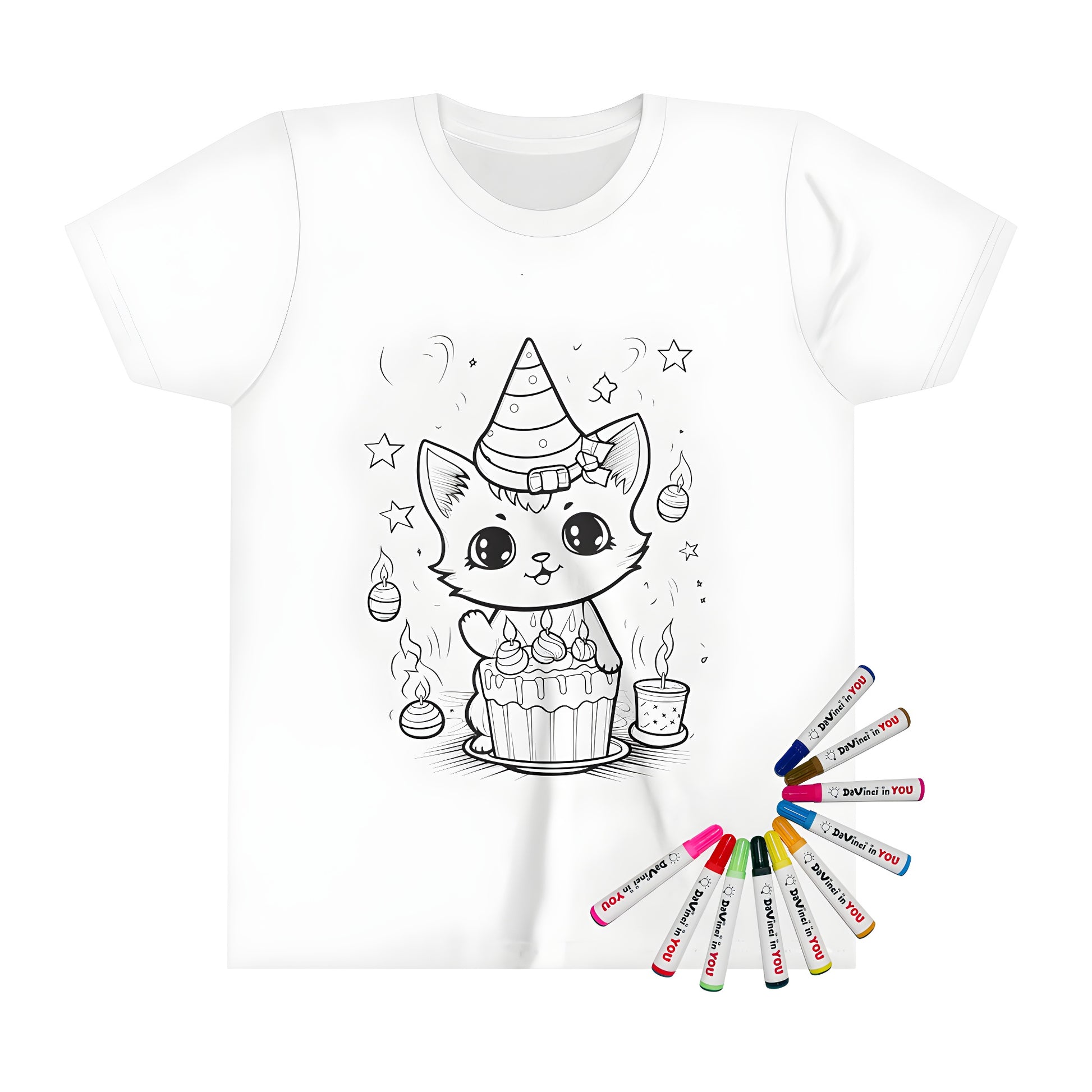 Kid's T-shirt featuring a cute cat in a party hat celebrating a birthday with cake and candles surrounded by stars