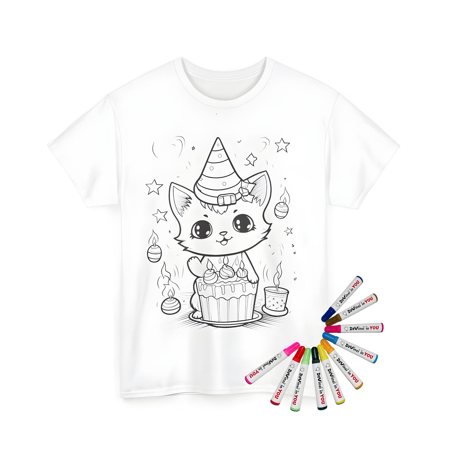 Unisex t-shirt with cat celebrating birthday design